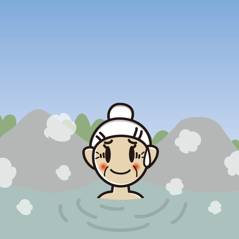 温泉で苦笑いするおばあさんのイラスト【色、背景あり】PNG
