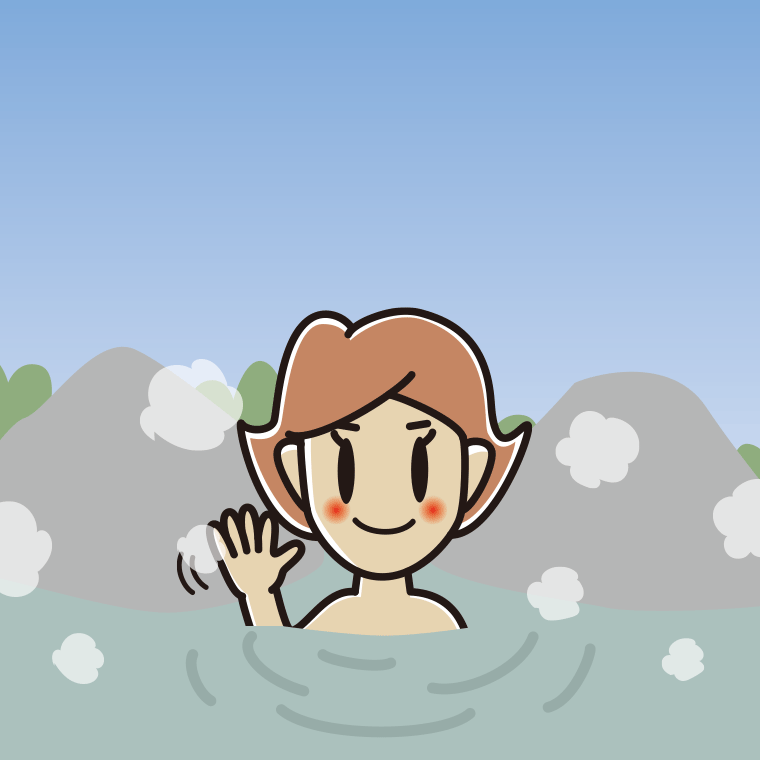 温泉で手を振る女性のイラスト【色、背景あり】PNG