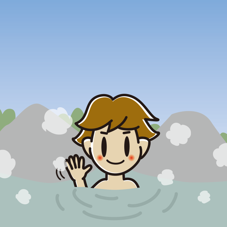 温泉で手を振る男子高校生のイラスト【色、背景あり】PNG