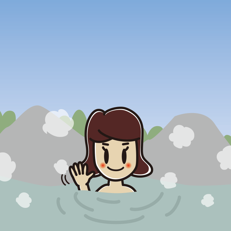 温泉で手を振る女子高校生のイラスト【色、背景あり】PNG