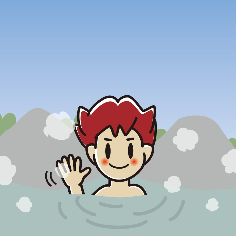 温泉で手を振る男子大学生のイラスト【色、背景あり】PNG
