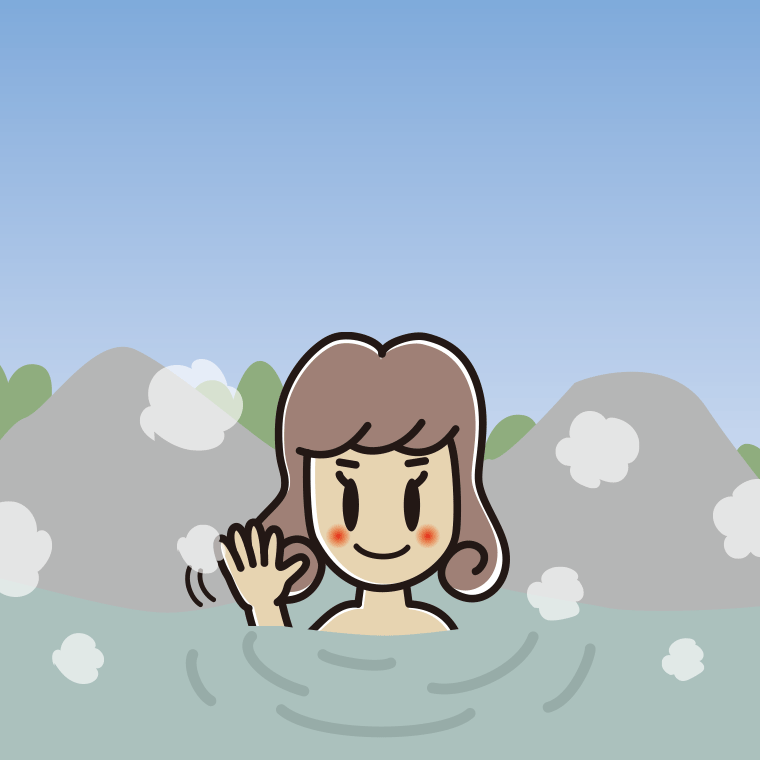 温泉で手を振る女子大学生のイラスト【色、背景あり】PNG