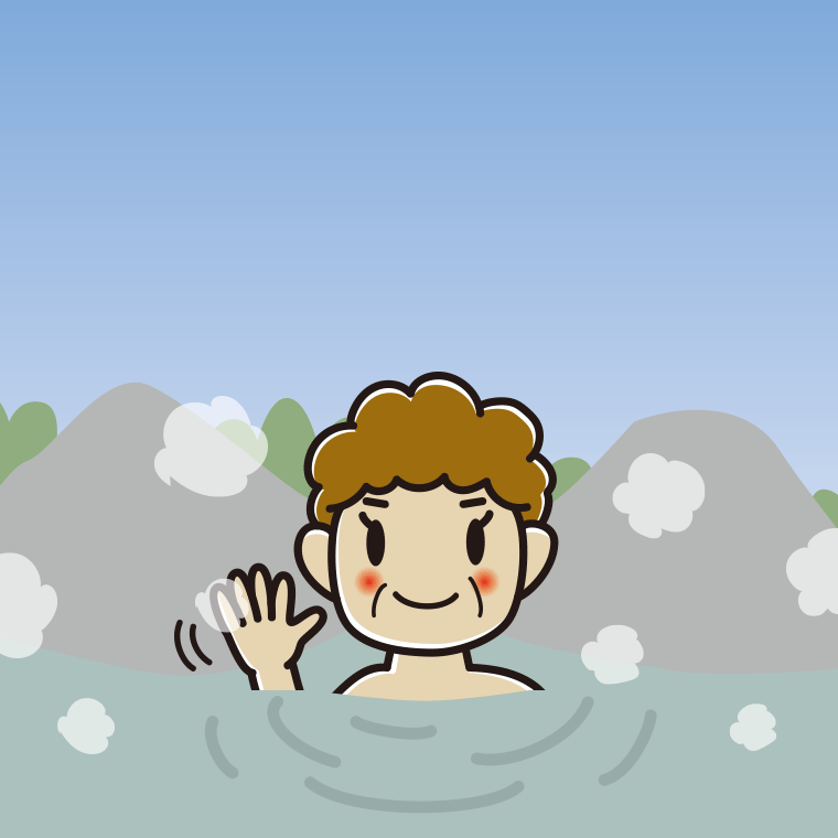 温泉で手を振るおばさんのイラスト【色、背景あり】PNG