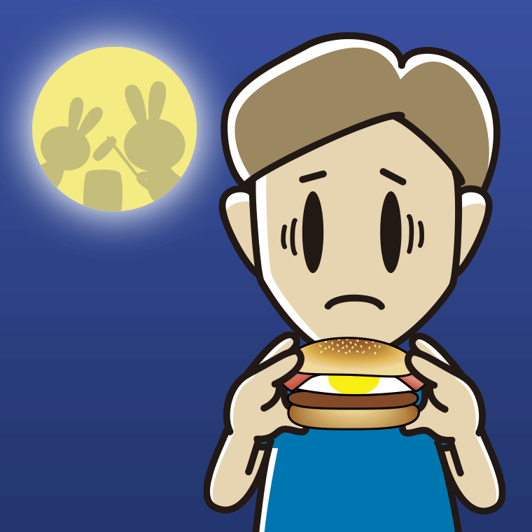 月見バーガーで困る男性のイラスト【色、背景あり】PNG