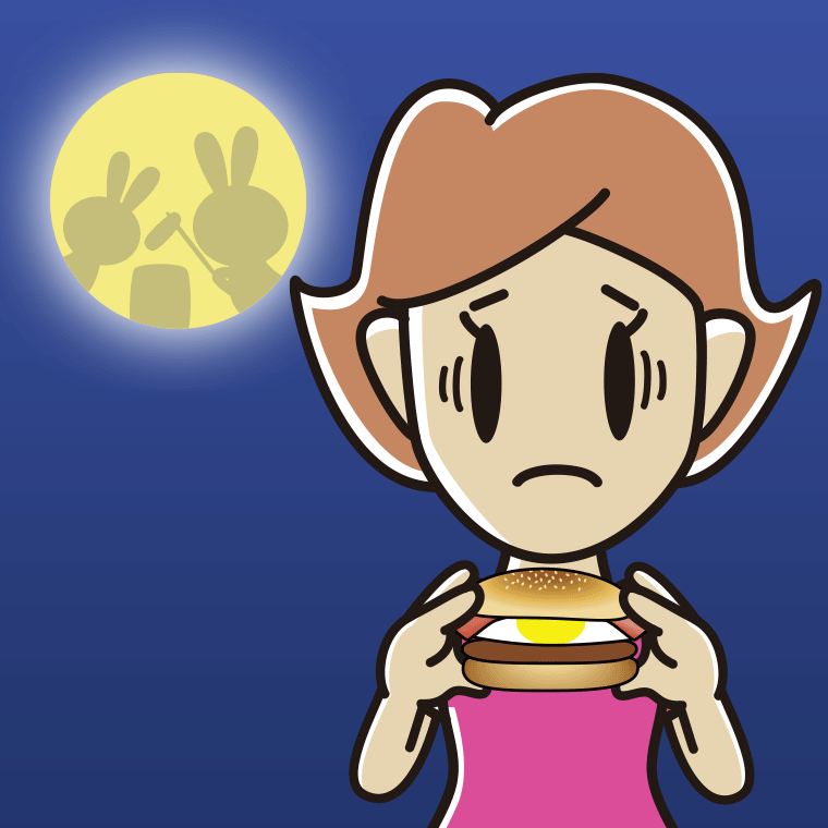 月見バーガーで困る女性のイラスト【色、背景あり】PNG