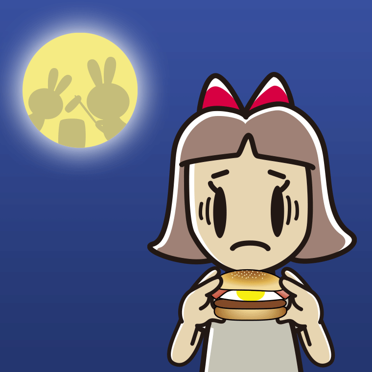 月見バーガーで困る小学生女子のイラスト【色、背景あり】PNG