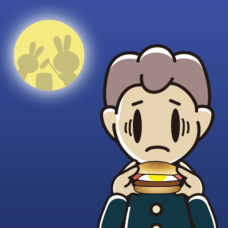月見バーガーで困る男子中学生のイラスト【色、背景あり】PNG