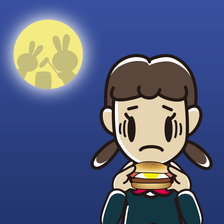 月見バーガーで困る女子中学生のイラスト【色、背景あり】PNG
