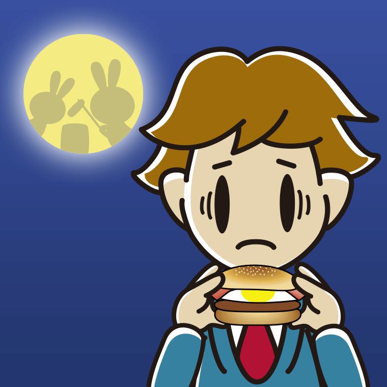 月見バーガーで困る男子高校生のイラスト【色、背景あり】PNG
