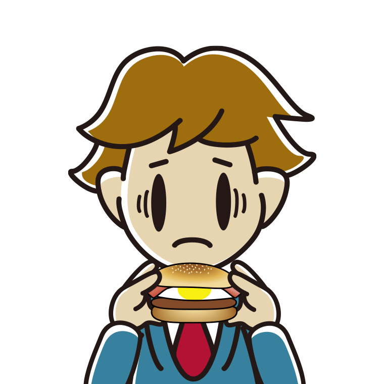 月見バーガーで困る男子高校生のイラスト【色あり、背景なし】透過PNG