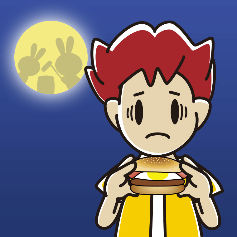 月見バーガーで困る男子大学生のイラスト【色、背景あり】PNG