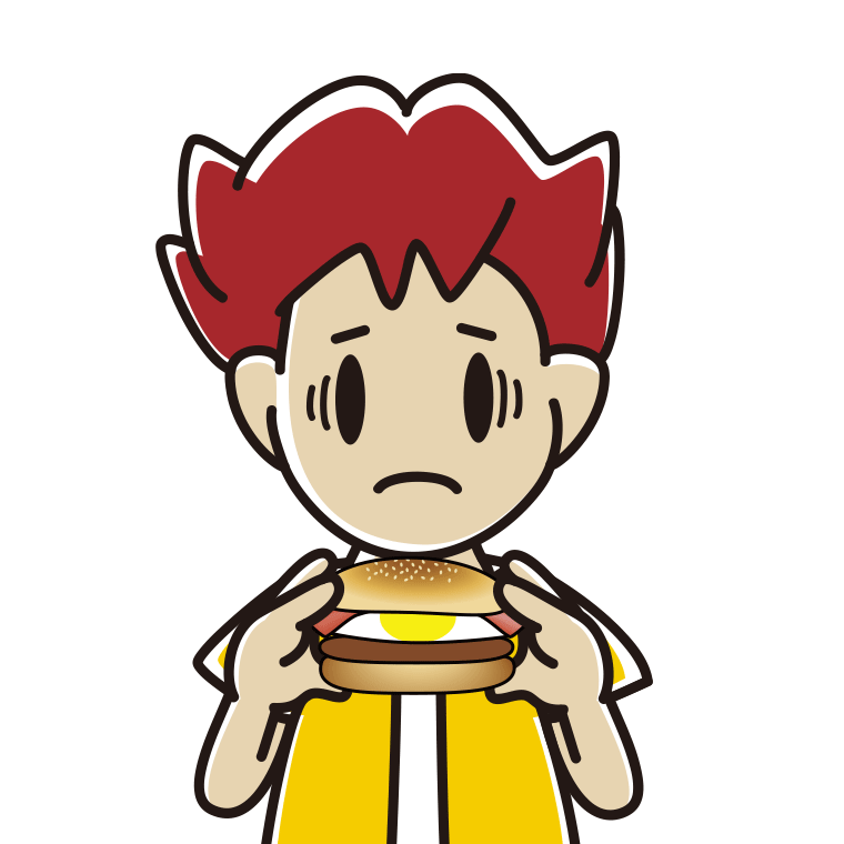 月見バーガーで困る男子大学生のイラスト【色あり、背景なし】透過PNG