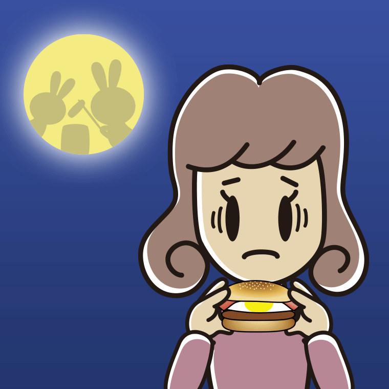 月見バーガーで困る女子大学生のイラスト【色、背景あり】PNG