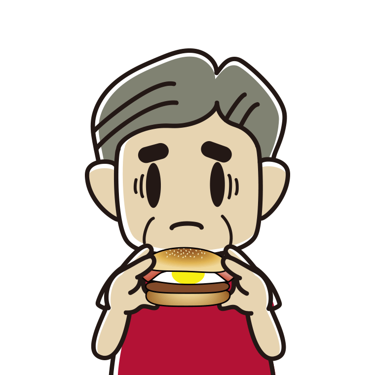 月見バーガーで困るおじさんのイラスト【色あり、背景なし】透過PNG