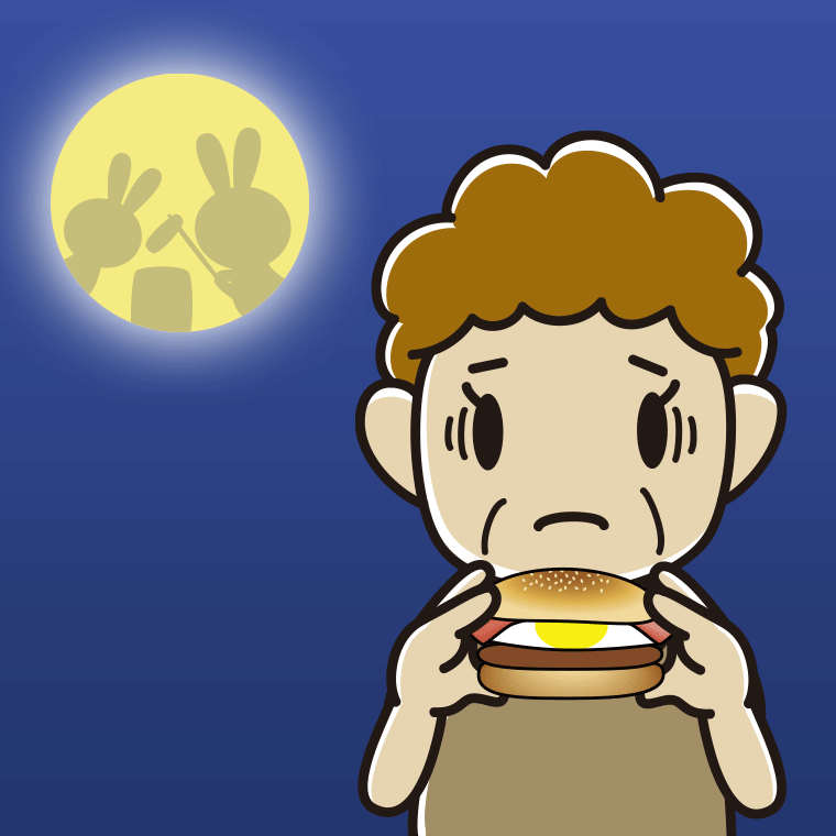 【フリー素材】月見バーガーで困るおばさんのイラスト