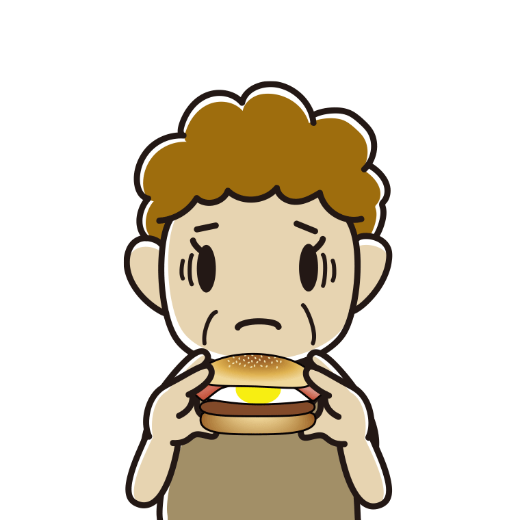 月見バーガーで困るおばさんのイラスト【色あり、背景なし】透過PNG