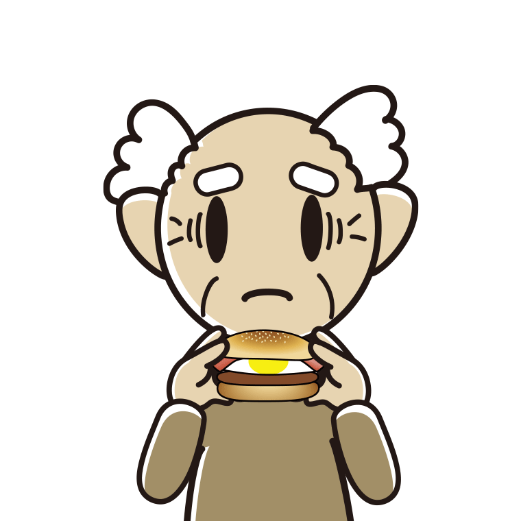 月見バーガーで困るおじいさんのイラスト【色あり、背景なし】透過PNG