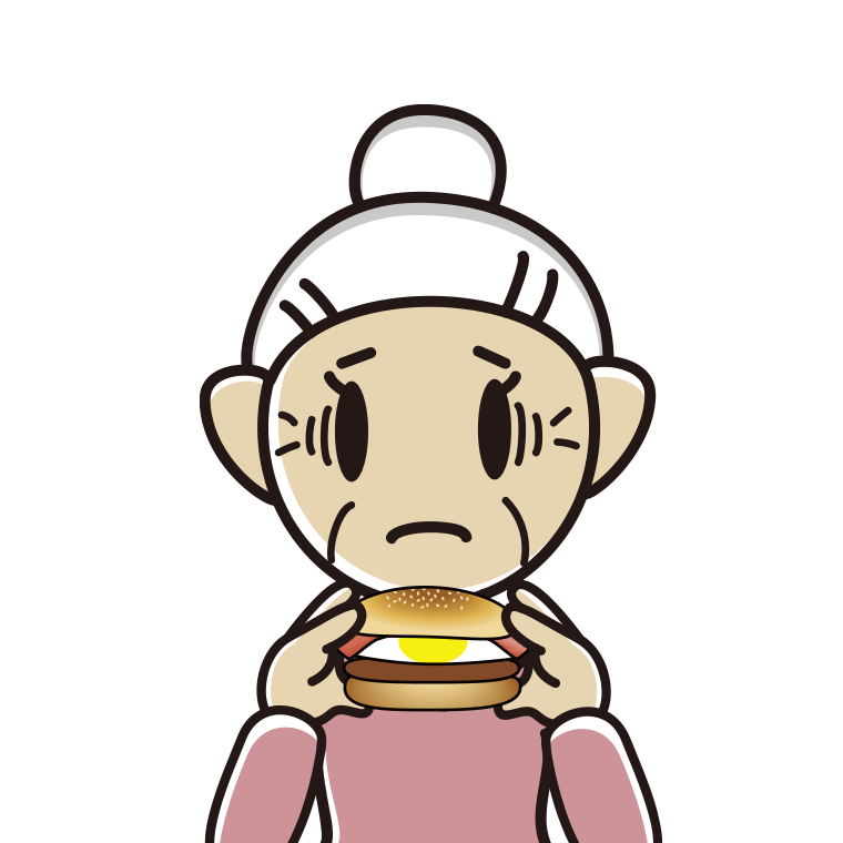 月見バーガーで困るおばあさんのイラスト【色あり、背景なし】透過PNG