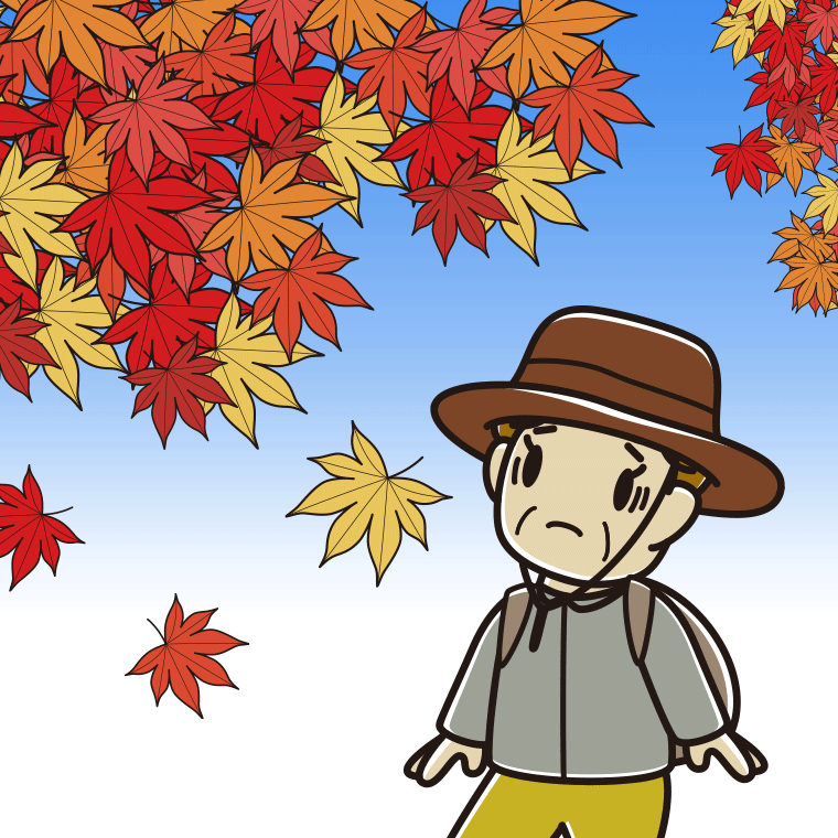 紅葉狩りで困るおばさんのイラスト【色、背景あり】PNG