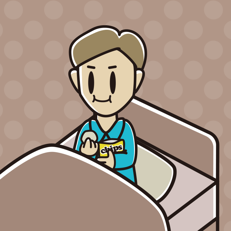 ベッドでお菓子を食べる男性のイラスト【色、背景あり】PNG