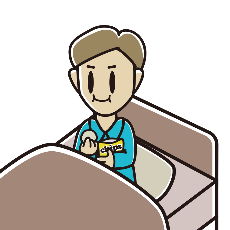 ベッドでお菓子を食べる男性のイラスト【色あり、背景なし】透過PNG