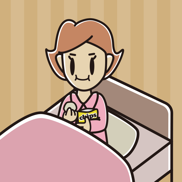 ベッドでお菓子を食べる女性のイラスト【色、背景あり】PNG
