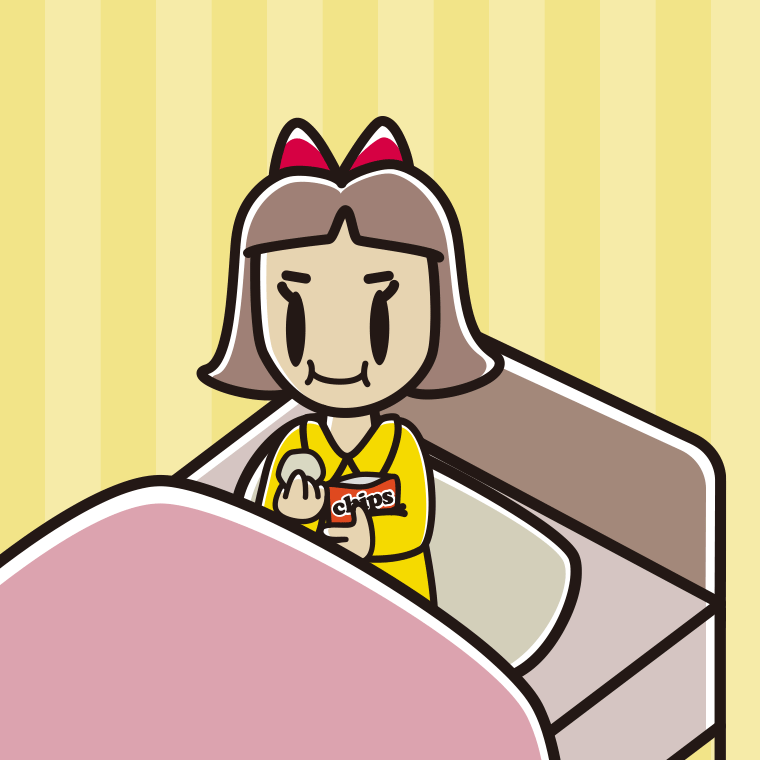 ベッドでお菓子を食べる小学生女子のイラスト【色、背景あり】PNG