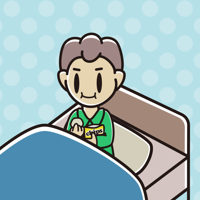 ベッドでお菓子を食べる男子中学生のイラスト【色、背景あり】PNG