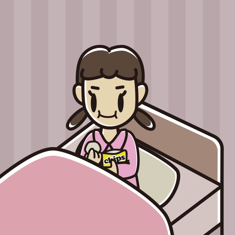 ベッドでお菓子を食べる女子中学生のイラスト【色、背景あり】PNG