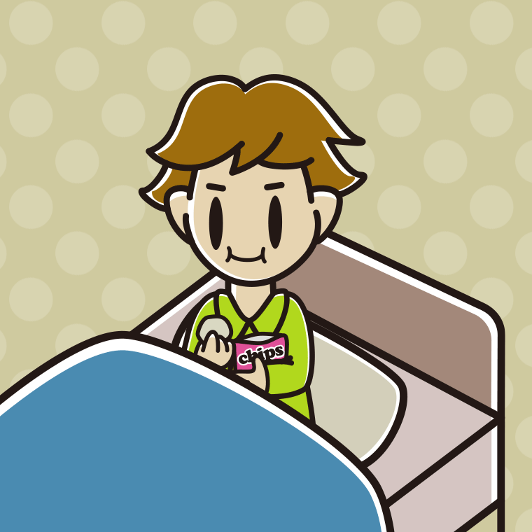ベッドでお菓子を食べる男子高校生のイラスト【色、背景あり】PNG