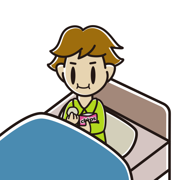 ベッドでお菓子を食べる男子高校生のイラスト【色あり、背景なし】透過PNG