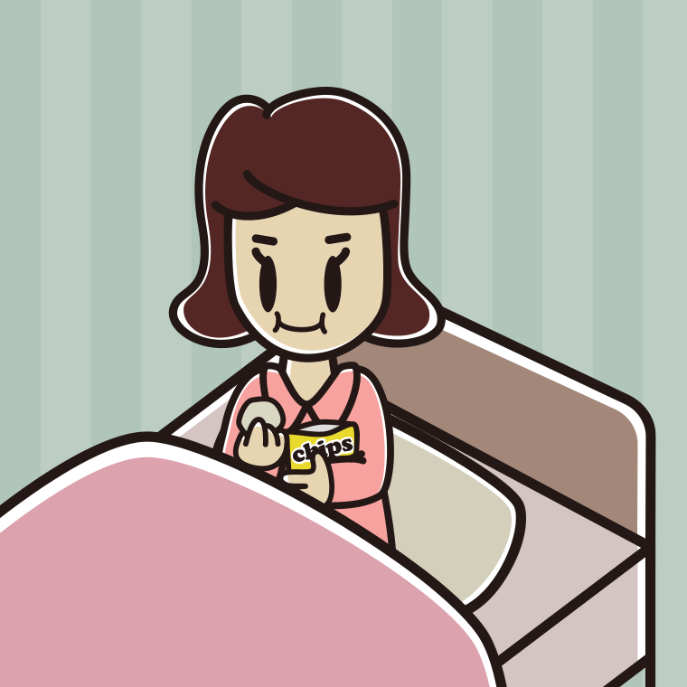 ベッドでお菓子を食べる女子高校生のイラスト【色、背景あり】PNG