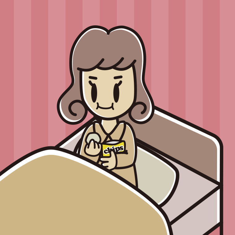 ベッドでお菓子を食べる女子大学生のイラスト【色、背景あり】PNG