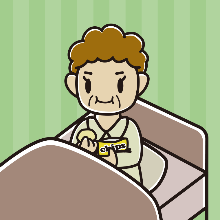 ベッドでお菓子を食べるおばさんのイラスト【色、背景あり】PNG