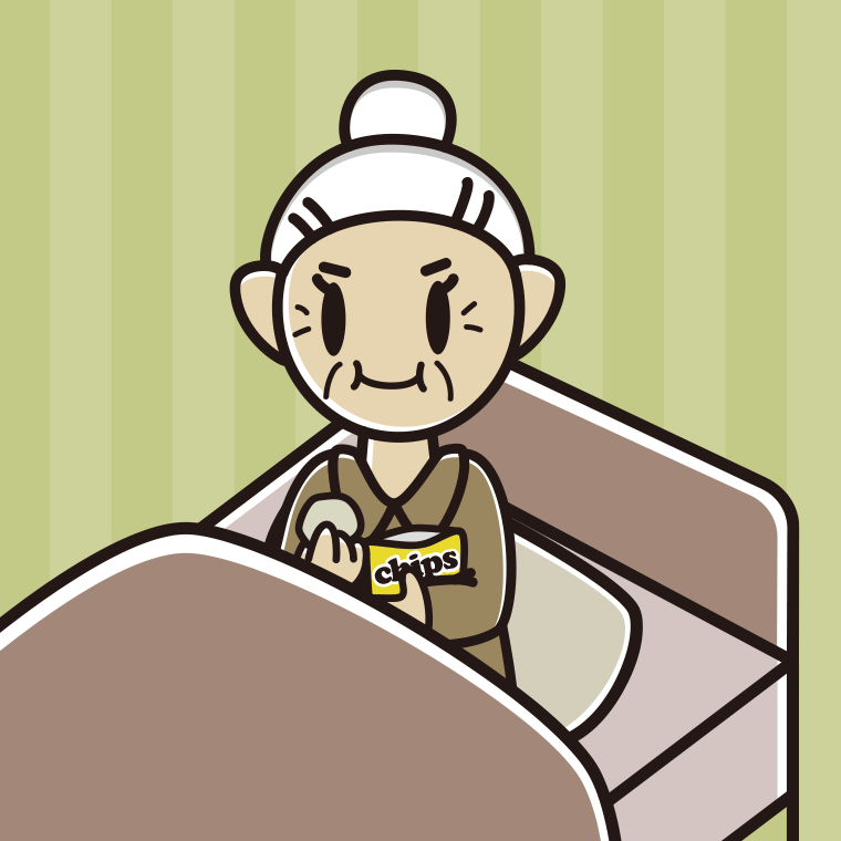 ベッドでお菓子を食べるおばあさんのイラスト【色、背景あり】PNG