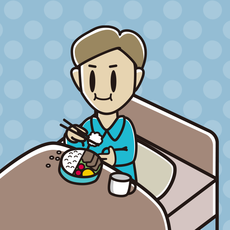 ベッドで食事をする男性のイラスト【色、背景あり】PNG