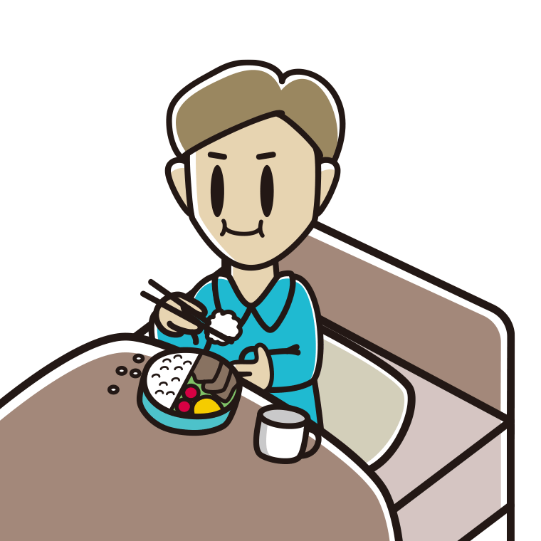 ベッドで食事をする男性のイラスト【色あり、背景なし】透過PNG