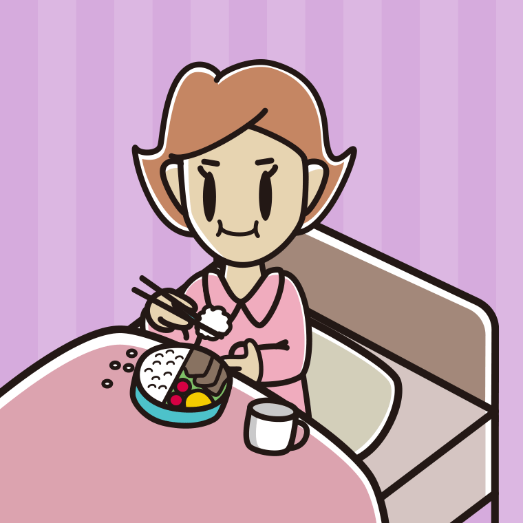 ベッドで食事をする女性のイラスト【色、背景あり】PNG