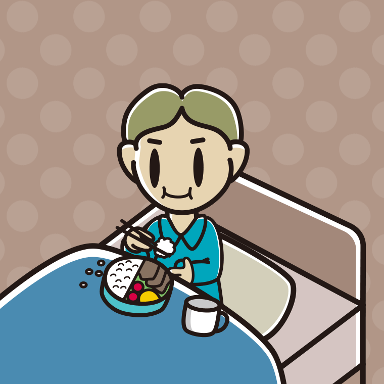 ベッドで食事をする小学生男子のイラスト【色、背景あり】PNG