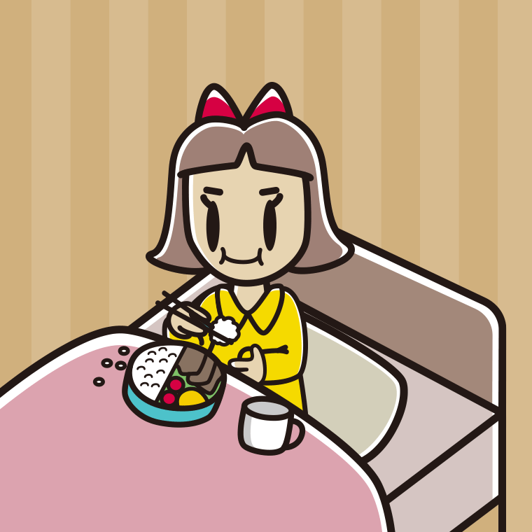 ベッドで食事をする小学生女子のイラスト【色、背景あり】PNG