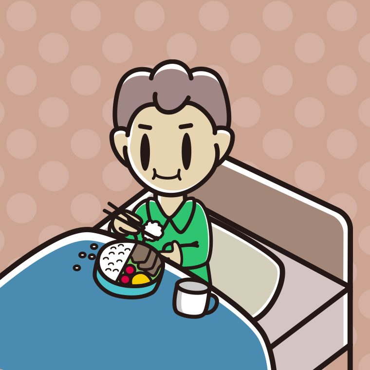 ベッドで食事をする男子中学生のイラスト【色、背景あり】PNG