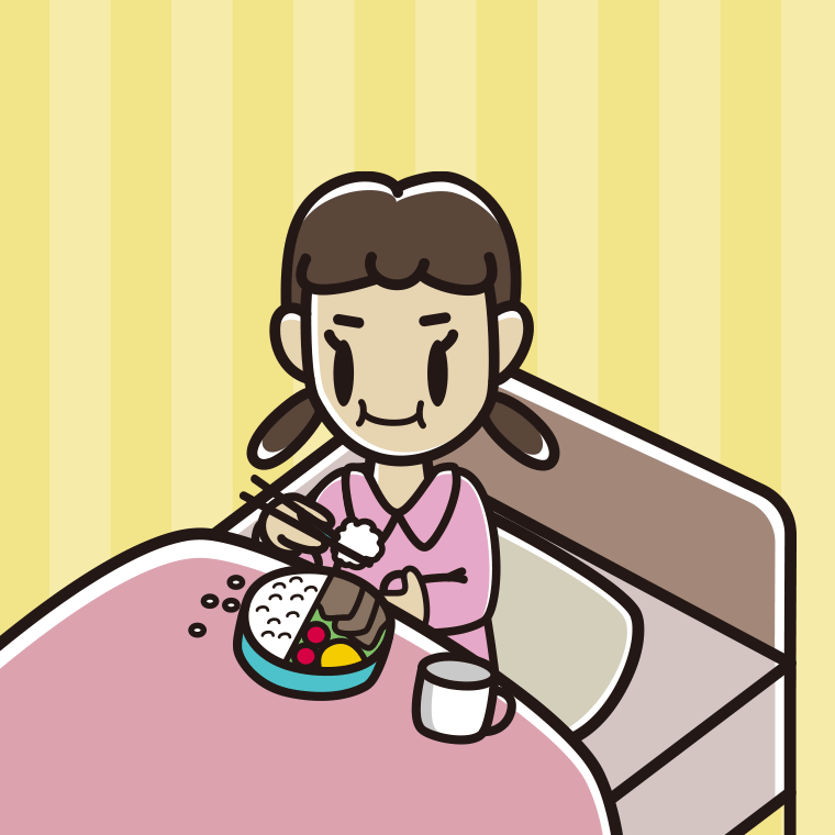 ベッドで食事をする女子中学生のイラスト【色、背景あり】PNG