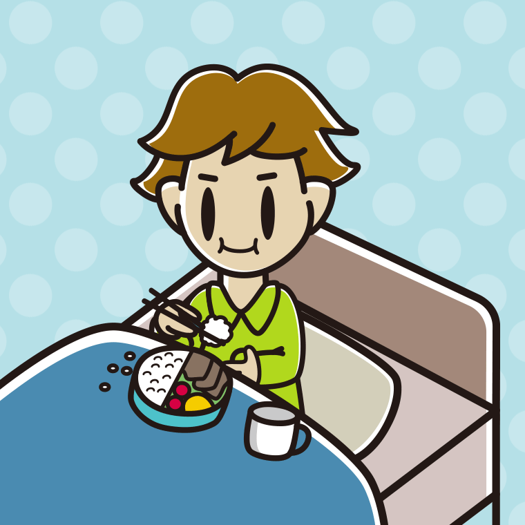 ベッドで食事をする男子高校生のイラスト【色、背景あり】PNG