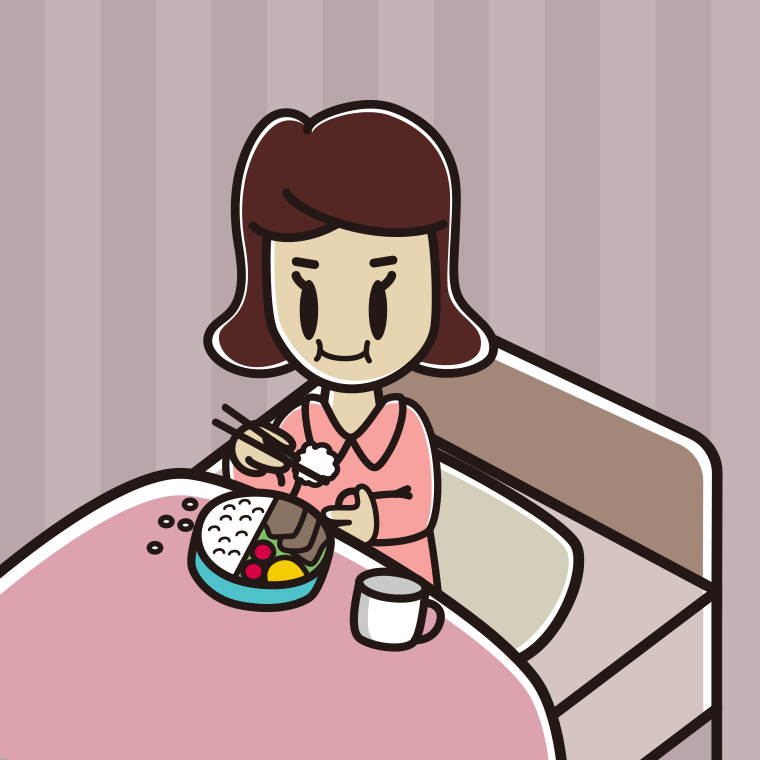 ベッドで食事をする女子高校生のイラスト【色、背景あり】PNG