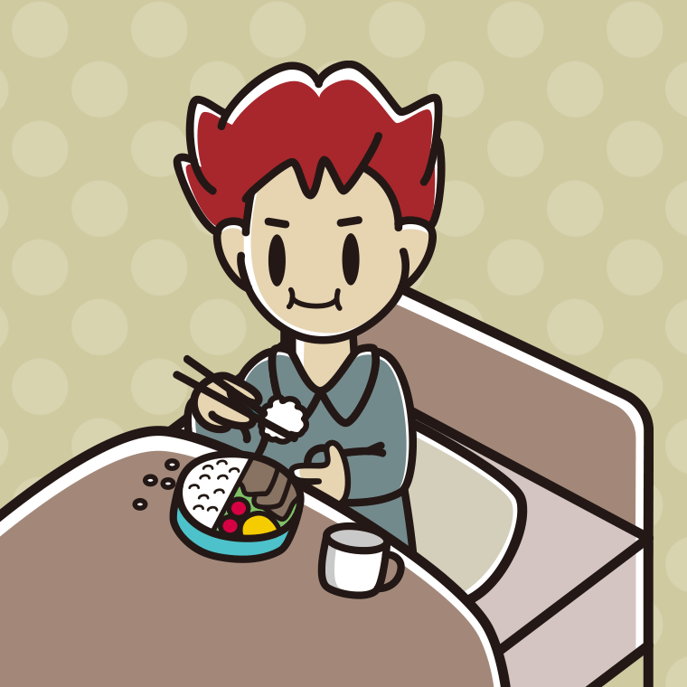 ベッドで食事をする男子大学生のイラスト【色、背景あり】PNG