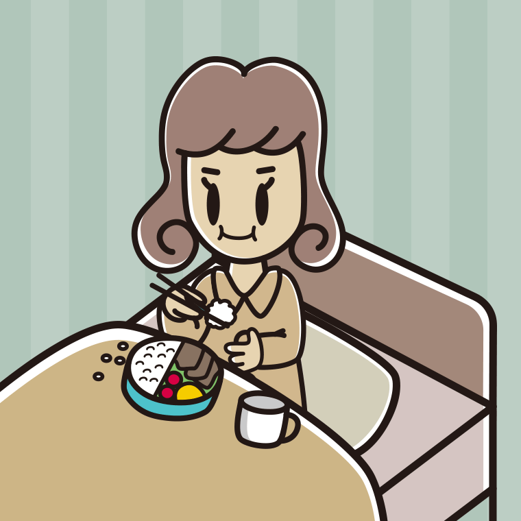 ベッドで食事をする女子大学生のイラスト【色、背景あり】PNG