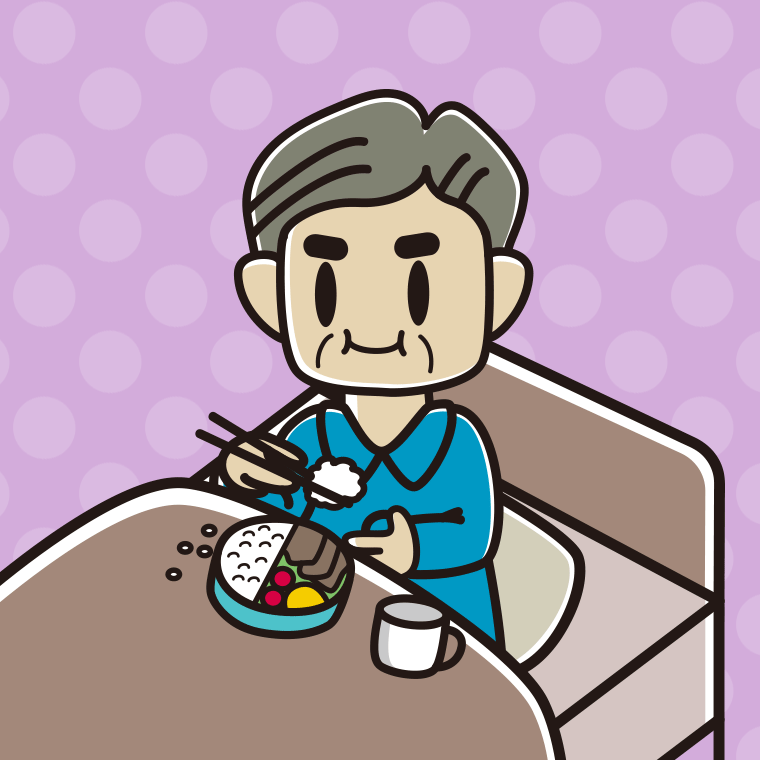 ベッドで食事をするおじさんのイラスト【色、背景あり】PNG