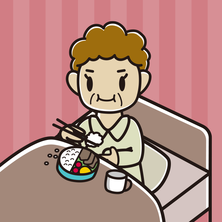 ベッドで食事をするおばさんのイラスト【色、背景あり】PNG