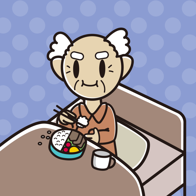ベッドで食事をするおじいさんのイラスト【色、背景あり】PNG