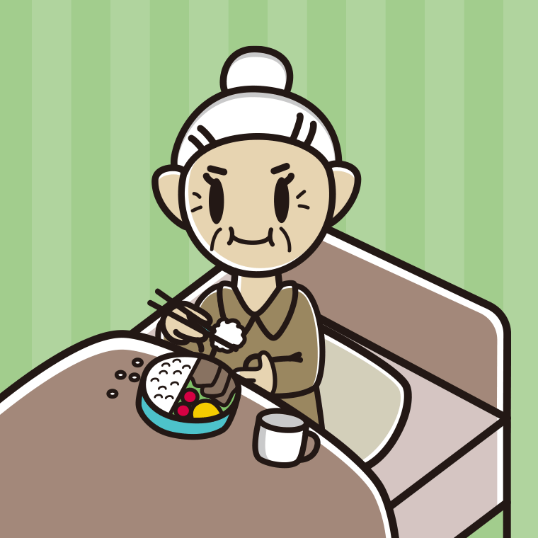 ベッドで食事をするおばあさんのイラスト【色、背景あり】PNG